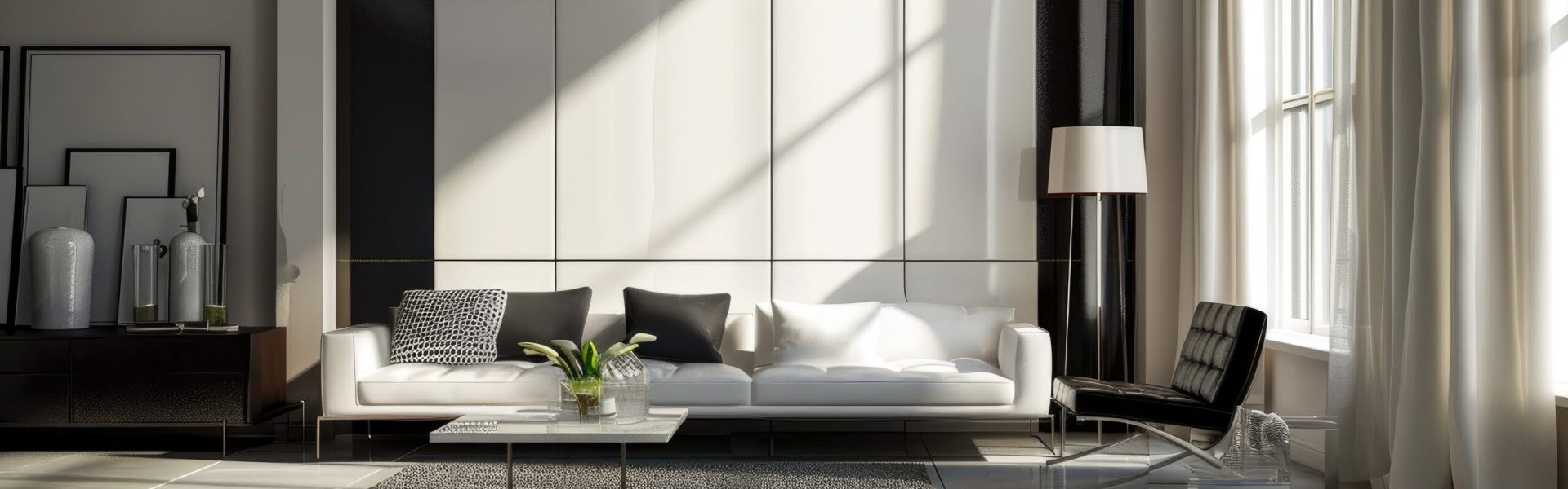 Modern interior design backdrop with minimalist decor, sleek furniture.